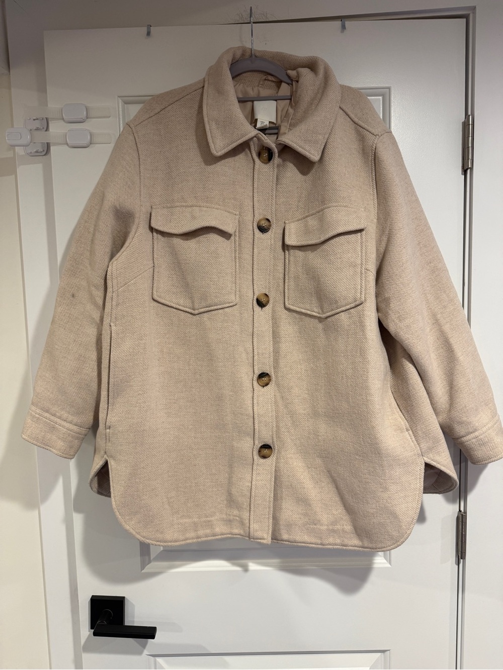 H&M Wool Blend Shacket Jacket Beige Tan Utility Pockets Women’s XL Neutral